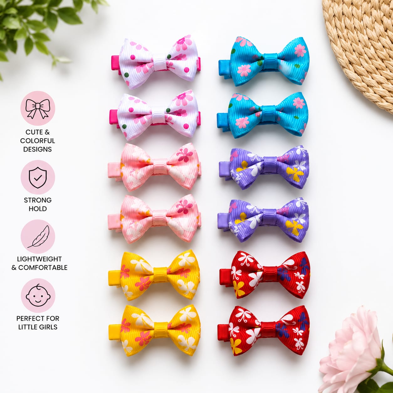 Cute Printed Bow Hair Clips for Girls (Pack of 12PCS) - Image 2